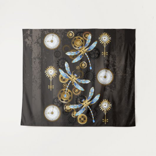 Steampunk Dragonflies op bruine gestreepte achterg Wandkleed (Voorkant (horizontaal))