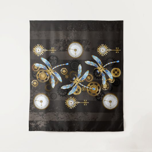 Steampunk Dragonflies op bruine gestreepte achterg Wandkleed (Voorkant)