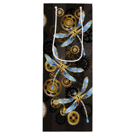 Steampunk Dragonflies op bruine gestreepte achterg Wijn Cadeautas (Voorkant)
