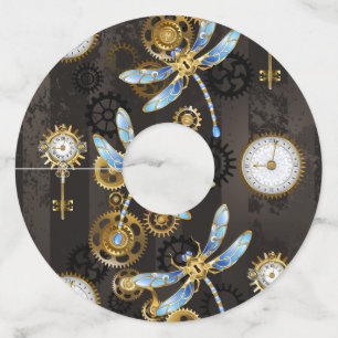 Steampunk Dragonflies op bruine gestreepte achterg Wijnglaslabel