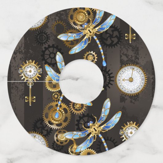 Steampunk Dragonflies op bruine gestreepte achterg Wijnglaslabel (Voorkant)