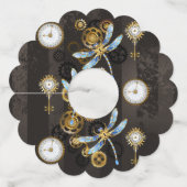 Steampunk Dragonflies op bruine gestreepte achterg Wijnglaslabel (Voorkant)