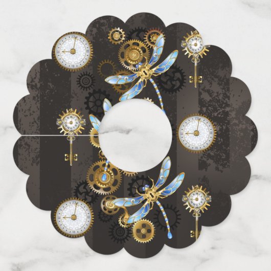 Steampunk Dragonflies op bruine gestreepte achterg Wijnglaslabel (Voorkant)