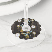 Steampunk Dragonflies op bruine gestreepte achterg Wijnglaslabel (Dichtbij)