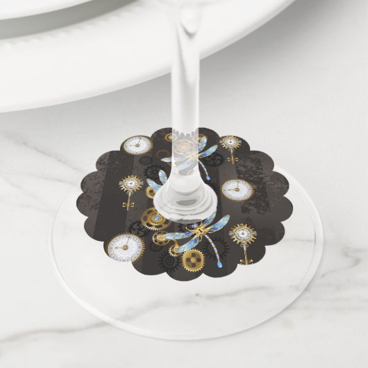 Steampunk Dragonflies op bruine gestreepte achterg Wijnglaslabel (Dichtbij)