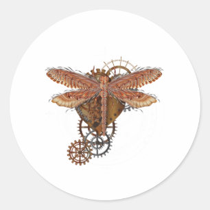 Steampunk Dragonfly T Shirt Gears Gothic Mannen Ronde Sticker