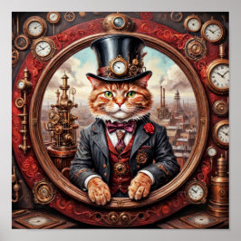 Steampunk edele kat in een industriële wereld poster