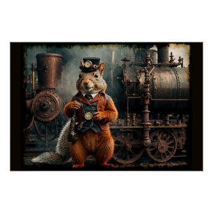 Steampunk Eekhoorn en Trein Perfect Poster