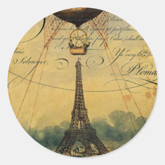 Steampunk Eiffel Tower & Hot Air-ballon Ronde Sticker
