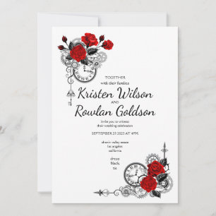 Steampunk en rode rozen bloemen op zwart kaart