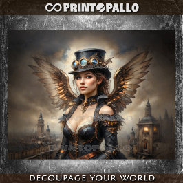Steampunk engel met hoge hoed boven het victoriaan tissuepapier