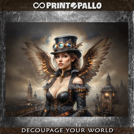 Steampunk engel met hoge hoed boven het victoriaan tissuepapier