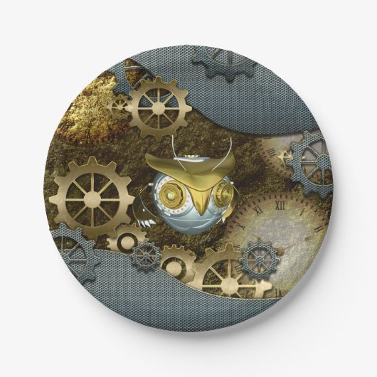Steampunk,    esomechanische uil papieren bordje (Voorkant)