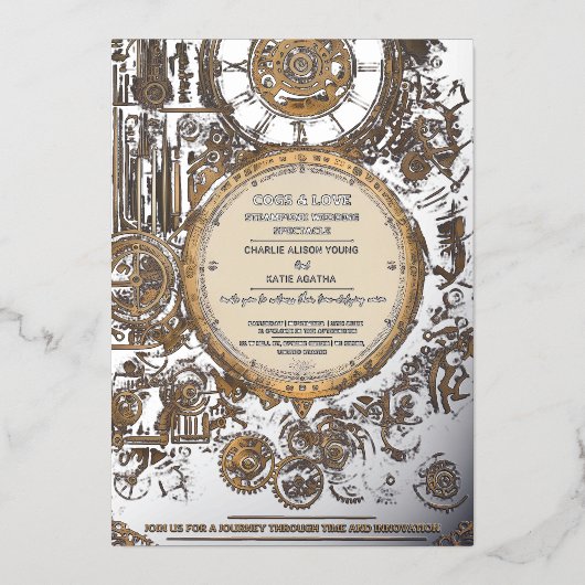 Steampunk Extravaganza  Clockwork Bruiloft Folie Uitnodiging (Voorkant)