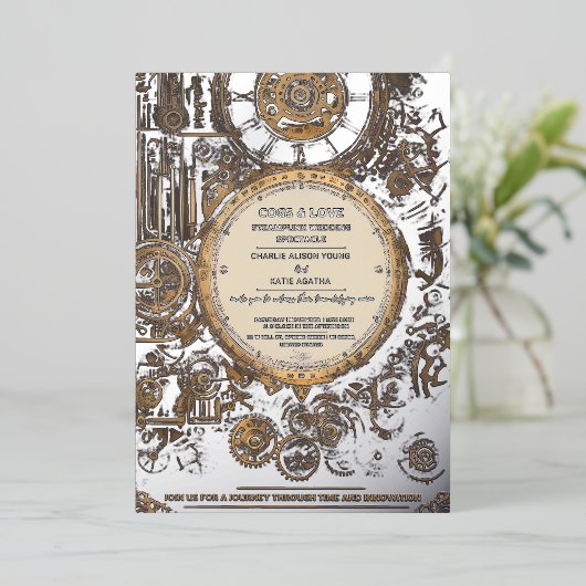 Steampunk Extravaganza  Clockwork Bruiloft Folie Uitnodiging (Staand Voorkant)