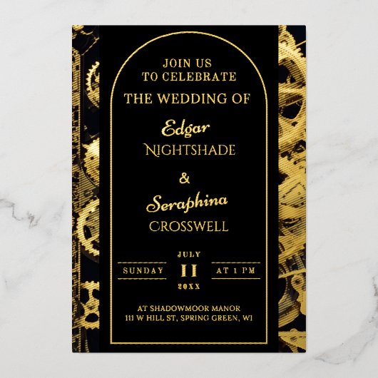 Steampunk Extravaganza  Clockwork Bruiloft Folie Uitnodiging (Voorkant)