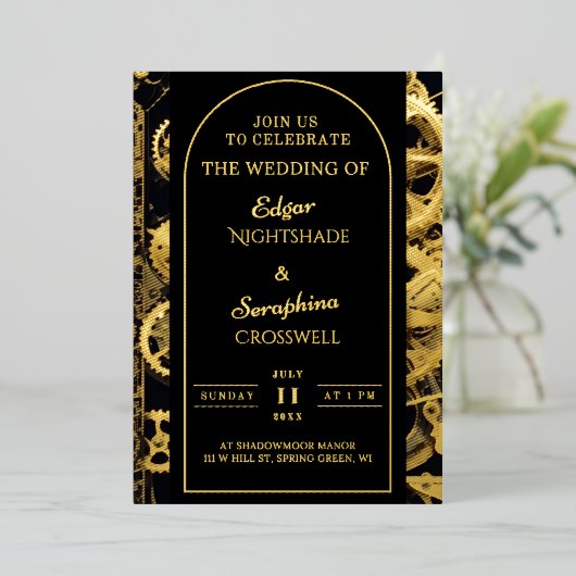 Steampunk Extravaganza  Clockwork Bruiloft Folie Uitnodiging (Staand Voorkant)