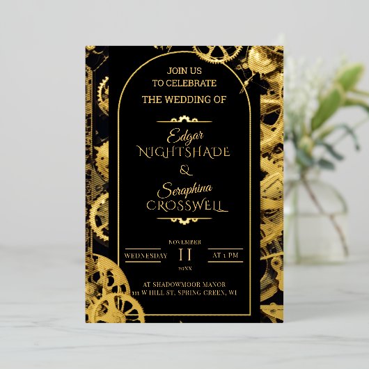 Steampunk Extravaganza  Clockwork Bruiloft Folie Uitnodiging (Staand Voorkant)