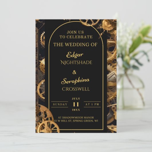 Steampunk Extravaganza  Clockwork Bruiloft Kaart (Staand voorkant)