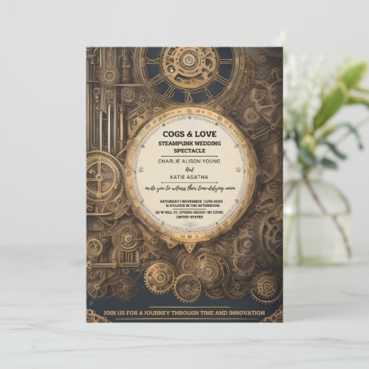 Steampunk Extravaganza  Clockwork Bruiloft Kaart (Staand voorkant)