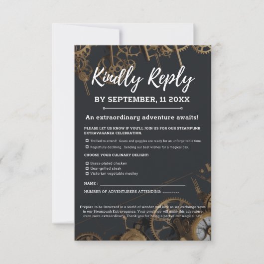 Steampunk Extravaganza  Clockwork Bruiloft RSVP Kaartje (Voorkant)