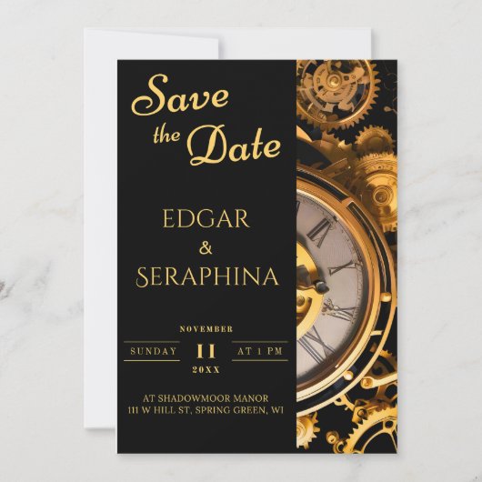 Steampunk Extravaganza  Clockwork Bruiloft Save The Date (Voorkant)