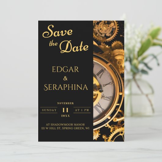 Steampunk Extravaganza  Clockwork Bruiloft Save The Date (Staand voorkant)