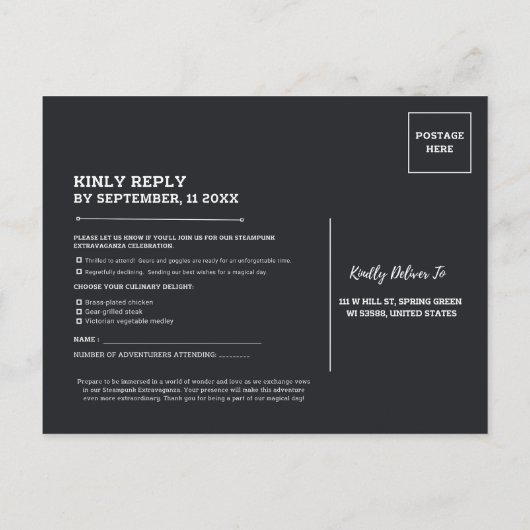Steampunk Extravaganza Clockwork RSVP Uitnodiging Briefkaart (Achterkant)
