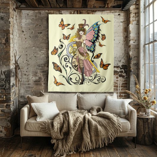 Steampunk Fairy Gele Klok Gears Wandkleed