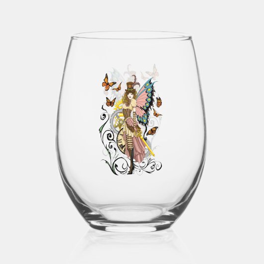 Steampunk Fairy Gele Klok Gears Wijnglas Zonder Voet (Achterkant)