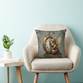 Steampunk Fairy met Golden Wings & Antiek Klok Kussen