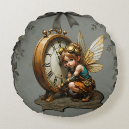 Steampunk Fairy met Golden Wings & Antiek Klok Rond Kussen