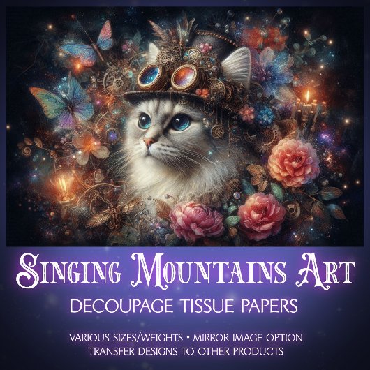 Steampunk Fantasy Cat Butterflies Decoupage Tissuepapier