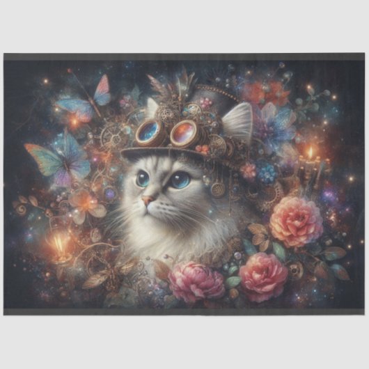 Steampunk Fantasy Cat Butterflies Decoupage Tissuepapier (Voorkant)