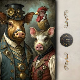 Steampunk Farm Animal Whimsical Vintage Decoupage Tissuepapier