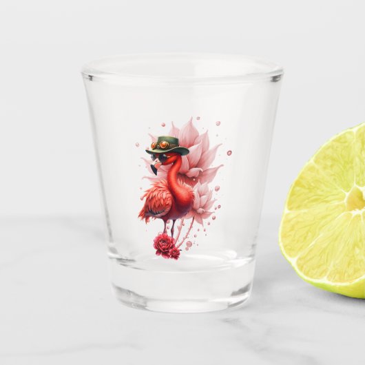 Steampunk Flamingo – Digitale fantasiekunst Shot Glas (Voorkant)