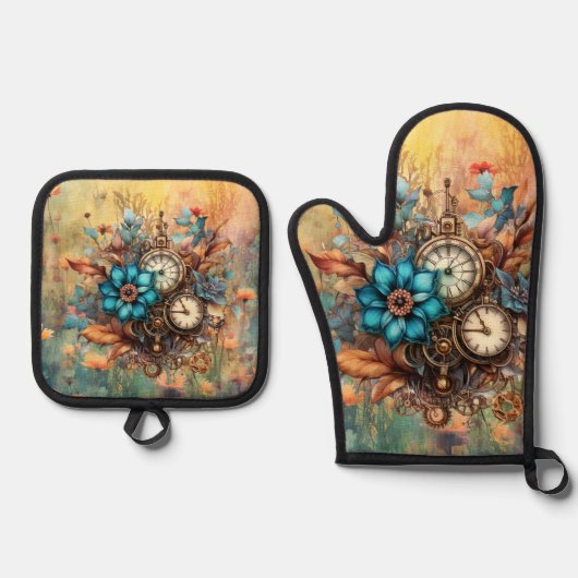 Steampunk Floral Ovenwant & Pannenlap Set (Voorkant)