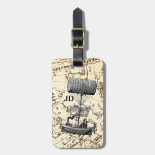 Steampunk Flying Boat op Zodiac Kaart met Initiale Bagagelabel