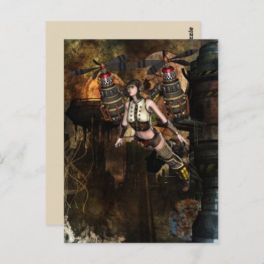 Steampunk Flying Girl briefkaart (Voorkant / Achterkant)