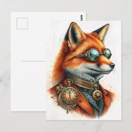 Steampunk Fox - Timekeeper Watercolor Briefkaart (Voorkant / Achterkant)