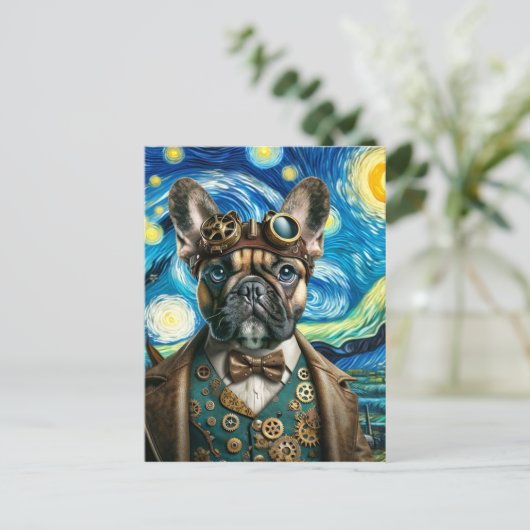 Steampunk Franse Bulldog in de Sterrennacht Briefkaart (Staand voorkant)