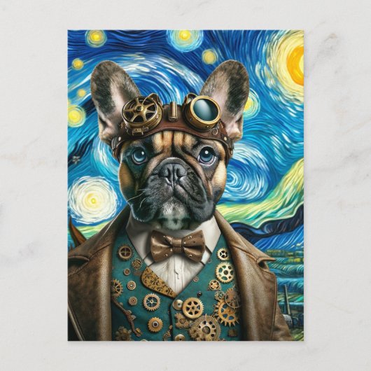 Steampunk Franse Bulldog in de Sterrennacht Briefkaart (Voorkant)