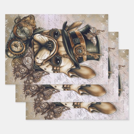 Steampunk French Bulldog Butterfly Decoupage Inpakpapier Vel (Set)