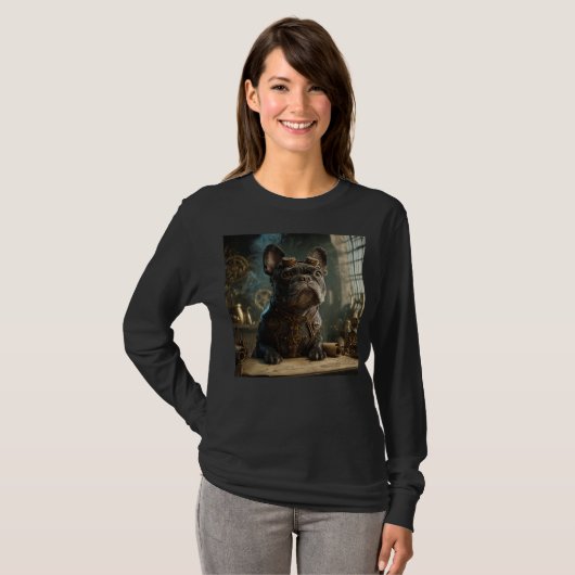 Steampunk Frenchie (Editie 1) - Basis Lange Mouwen T-shirt (Voorkant volledig)