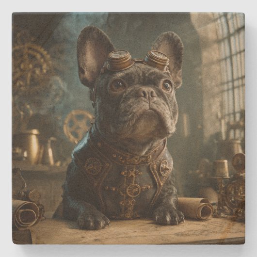 Steampunk Frenchie (Editie 1) - SandStone Coaster Stenen Onderzetter (Voorkant)