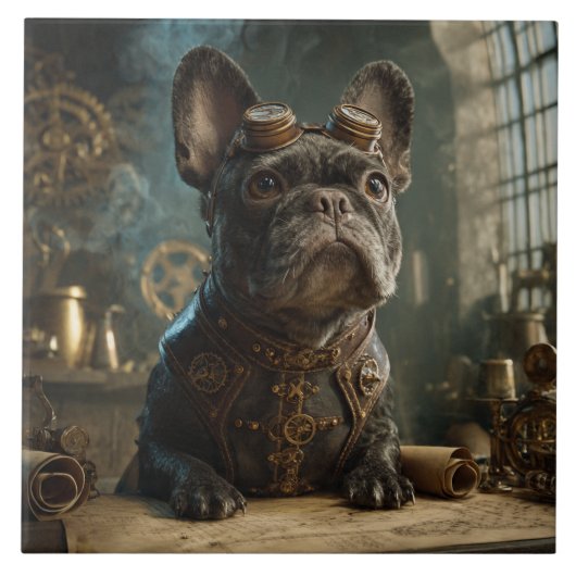 Steampunk Frenchie (Edition 1) - Ceramic Tile Tegeltje (Voorkant)