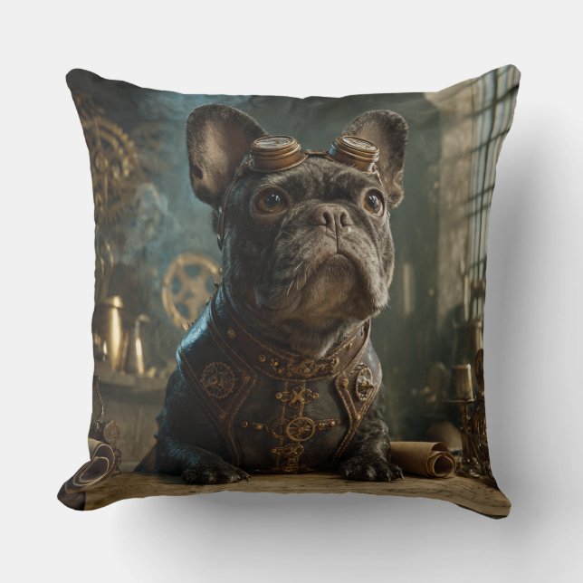 Steampunk Frenchie (Edition 1) - Throw Pillow Kussen (Voorkant)