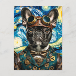 Steampunk Frenchie in de Sterrennacht Briefkaart