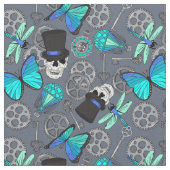 Steampunk Funky Gothic Grey en Blue Patterned Stof (Close Up)