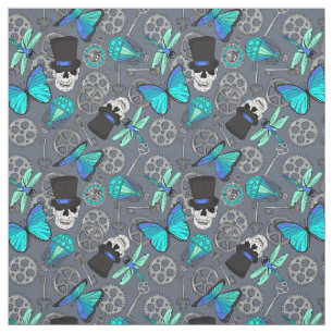 Steampunk Funky Gothic Grey en Blue Patterned Stof